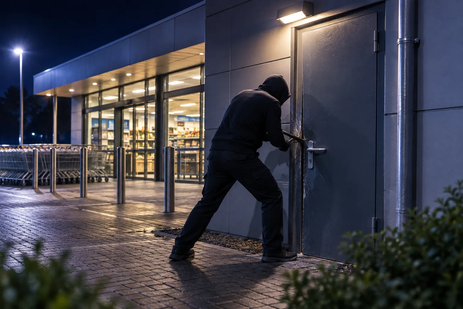 Symbolbild zum gewerblichen Einbruchschutz: gesicherter Seiteneingang eines Geschäftsgebäudes