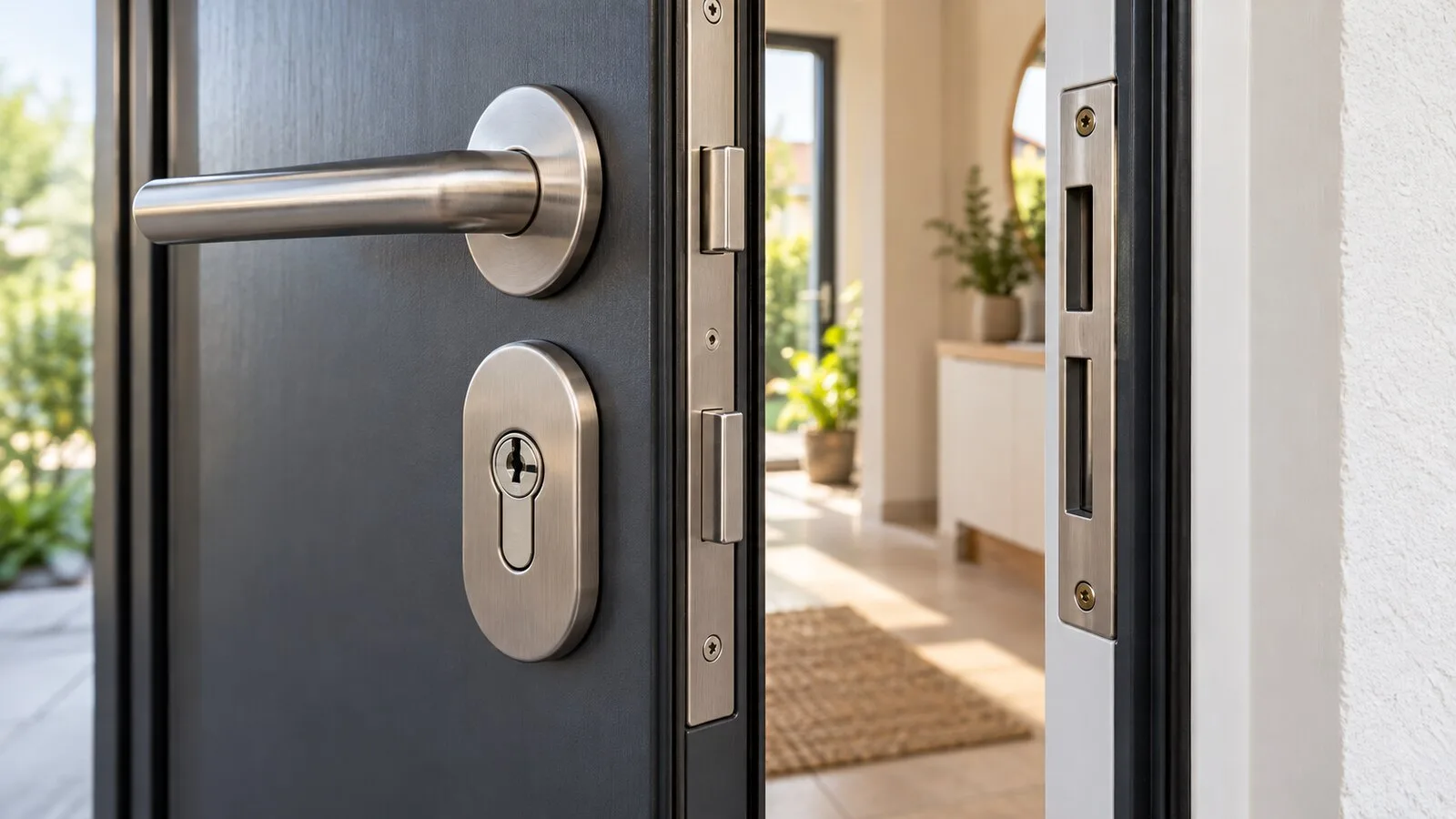 Haustür mit Profilzylinder und Schutzbeschlag als Beispiel für fachgerechten Einbruchschutz