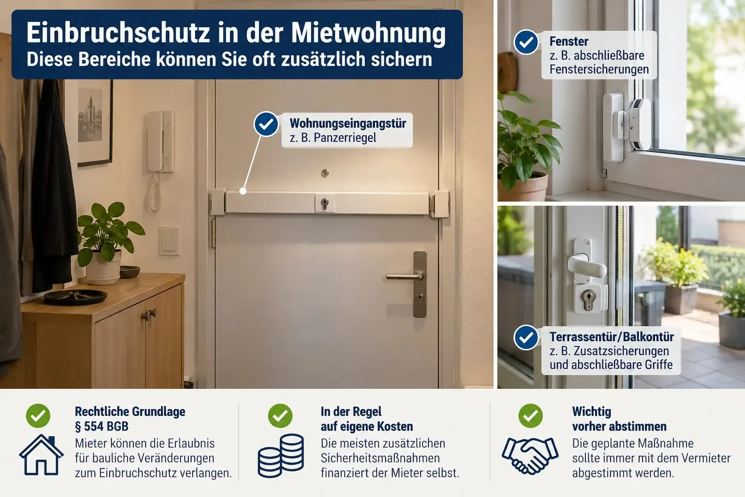 Übersicht zu zusätzlichem Einbruchschutz an Wohnungseingangstür, Fenstern sowie Balkon- und Terrassentür einer Mietwohnung