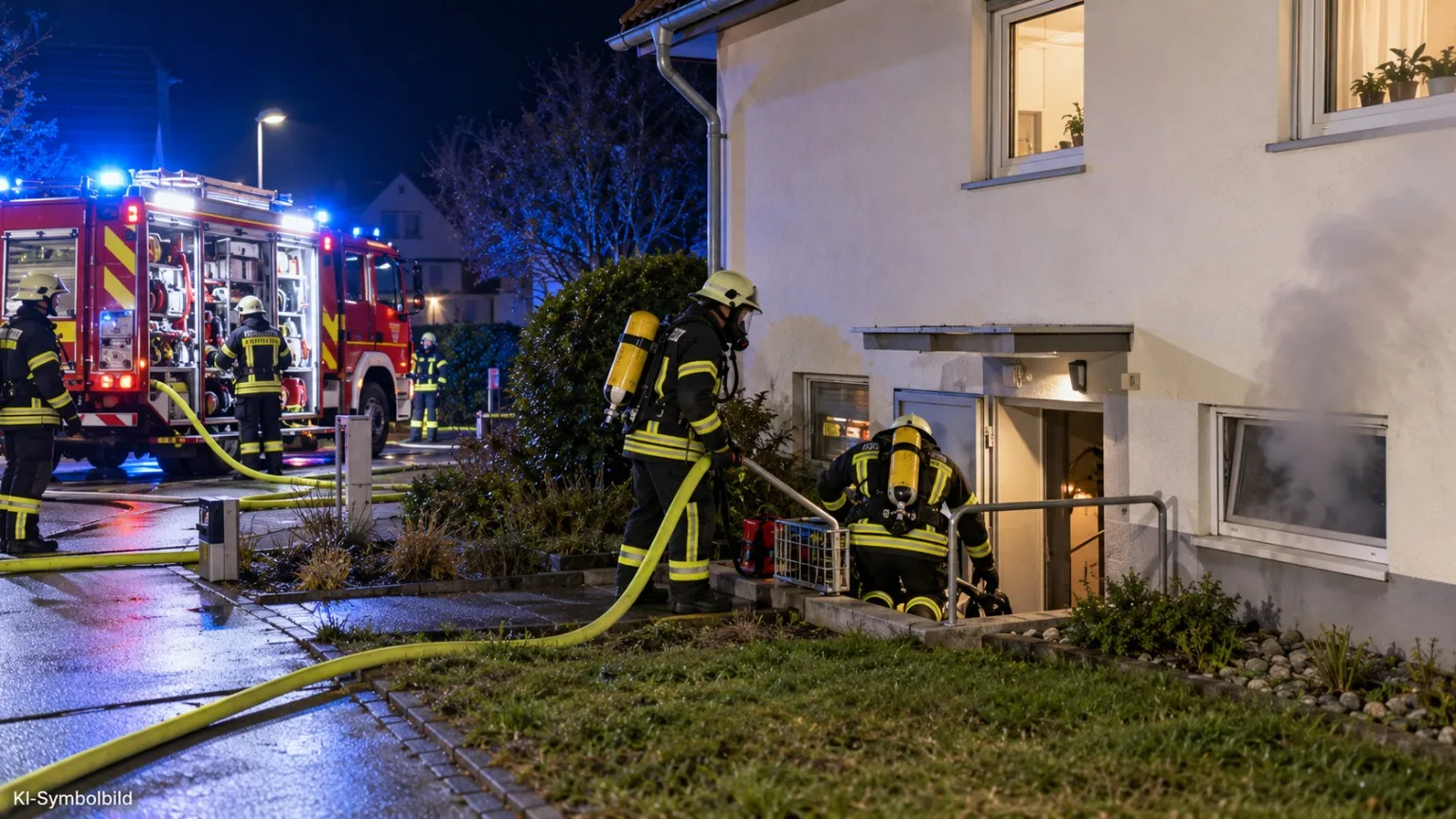 KI-generiertes Beispielbild: Feuerwehr bei einem Kellerbrand an einem deutschen Wohnhaus – kein tatsächliches Einsatzfoto aus Delbrück-Steinhorst.