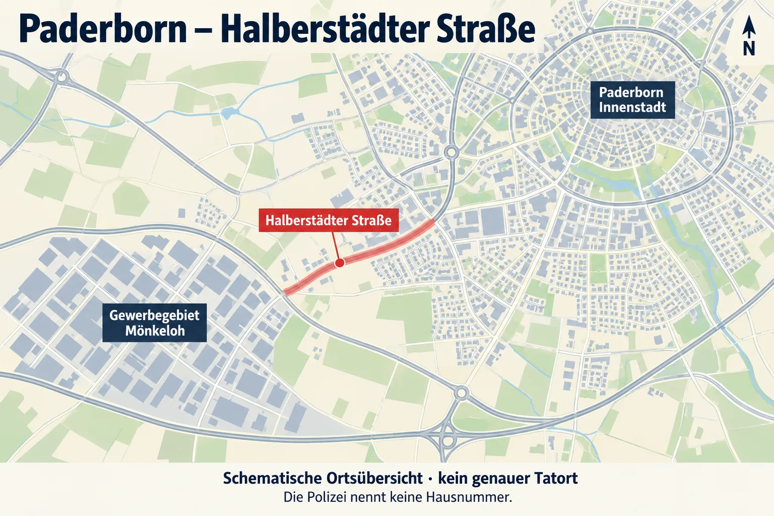KI-generierte schematische Ortsübersicht Paderborn: Bereich Halberstädter Straße markiert, keine maßstabsgetreue Karte und kein genauer Tatort.