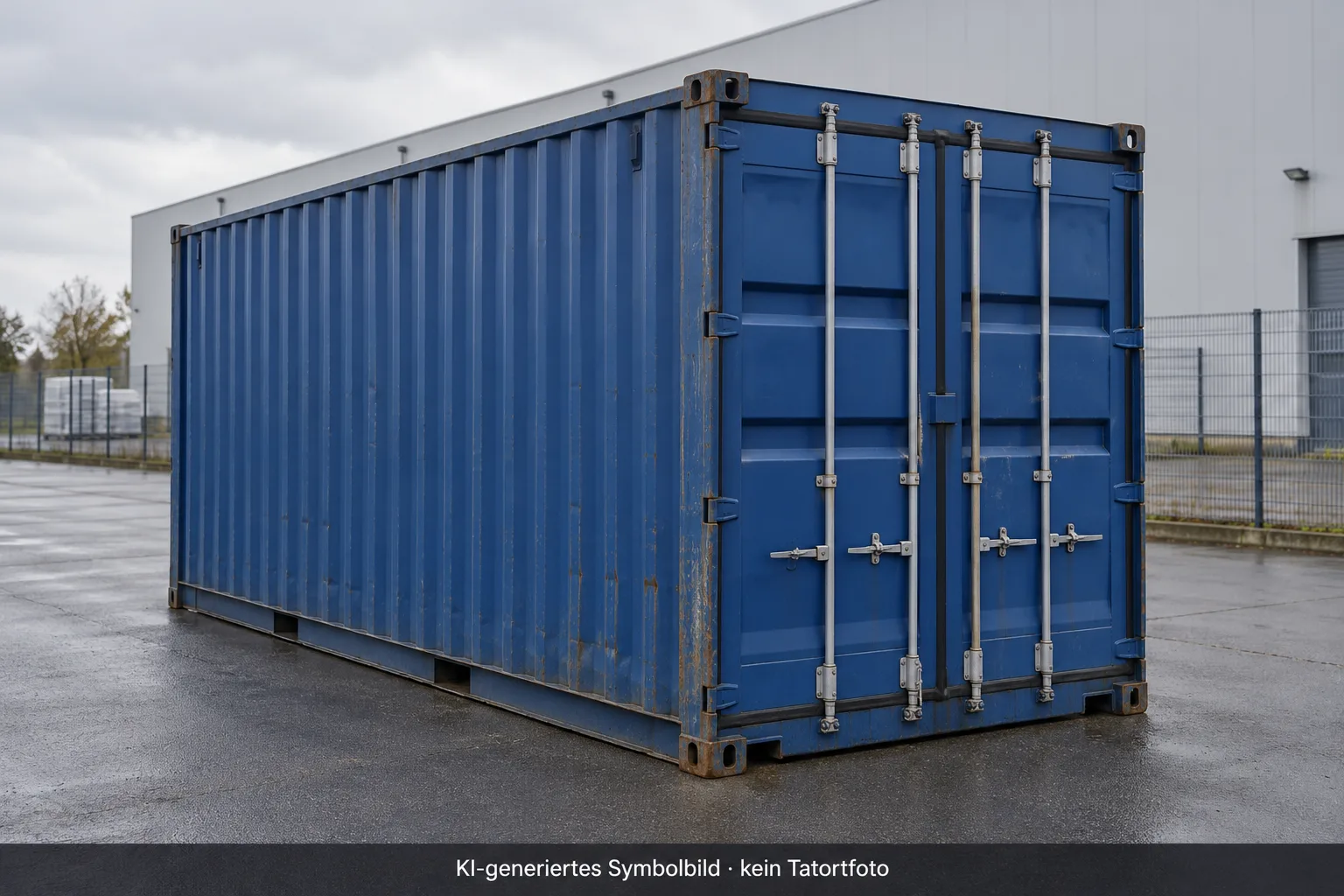 KI-generiertes Symbolbild: Blauer Seecontainer auf einem beispielhaften Firmengelände, kein Tatortfoto.